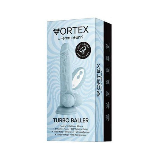 Femmefunn Vortex Turbo Baller 2.0 Rotating And Vibrating Dildo Light Blue